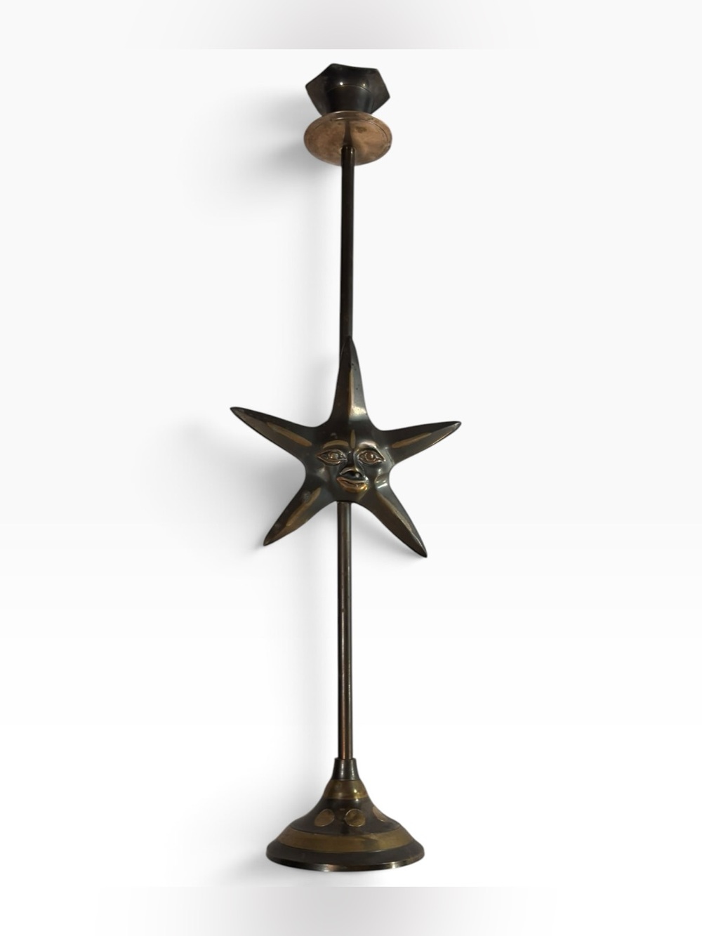 Vintage Brass Celestial Star Face Candlestick Tall 20" Whimsigoth Candle Holder